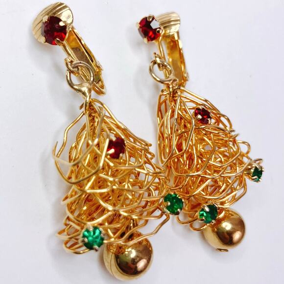 Vintage Gold Tone Rhinestone Christmas Tree Pendant Brooch Clip-On Earrings Set - Picture 4 of 9